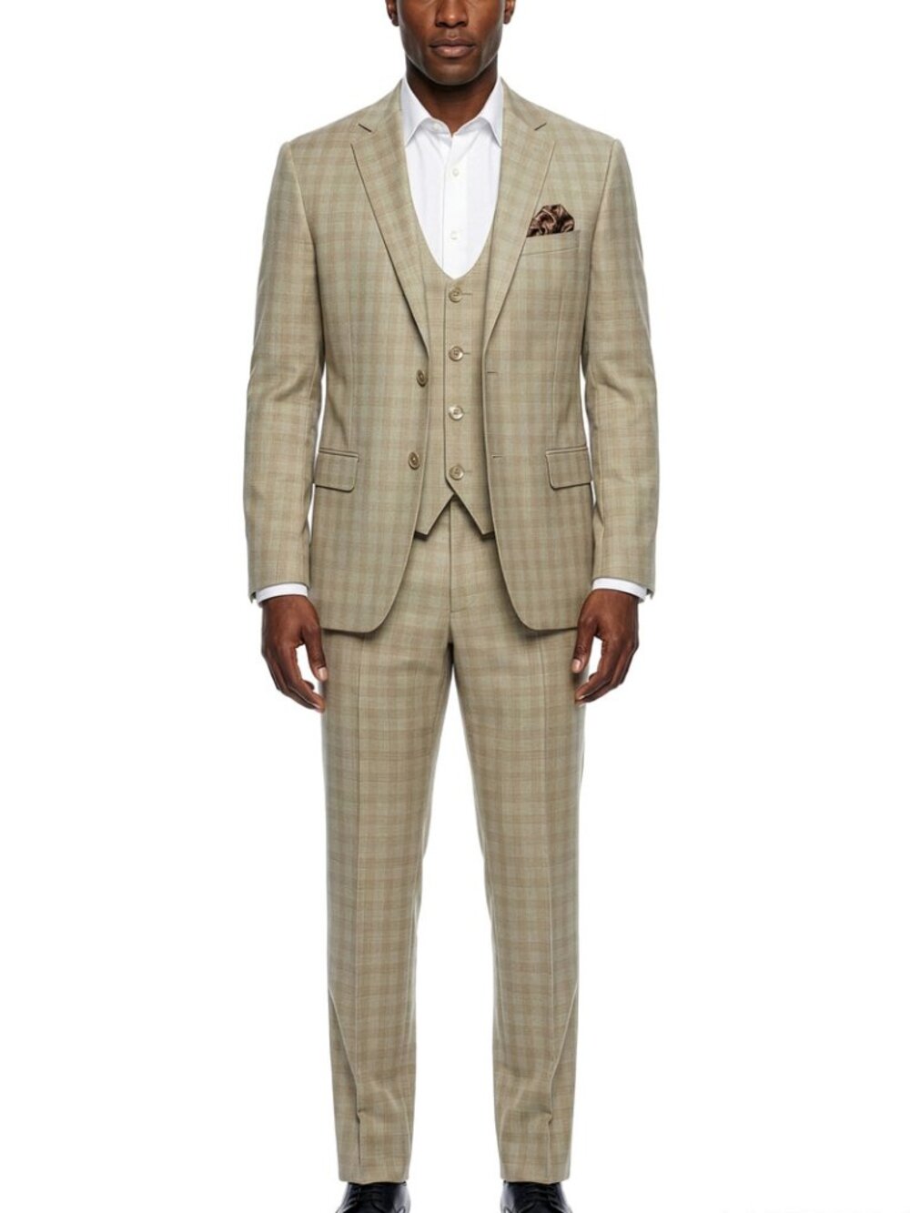 Beige Windowpane Plaid Notch Lapel 3 Piece Men's Suit